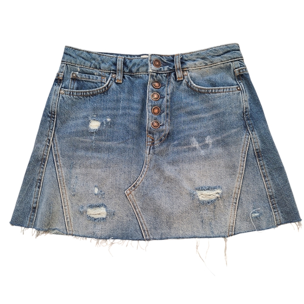 Free People We the Free Distressed Button Front Denim Mini Skirt, Sz 26
